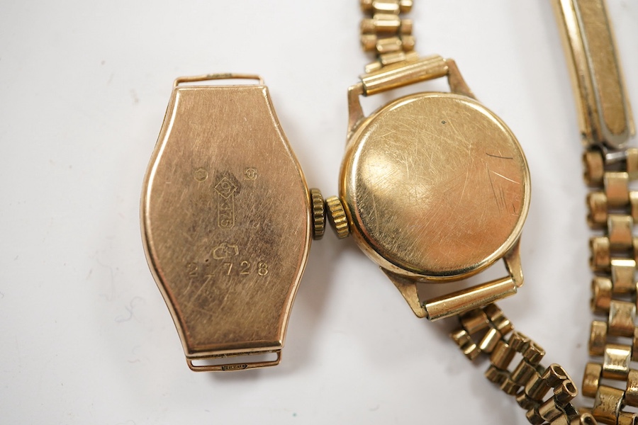 A lady's 1930's? 9ct gold manual wind wrist watch, no strap and 9ct gold Omega manual wind wrist watch on a gold plated bracelet. Condition - poor to fair